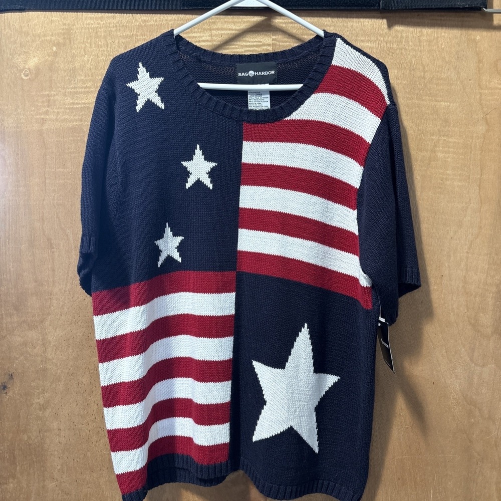 Vintage American Flag Sweater Womens Large Patriotic Short Sleeve NWT